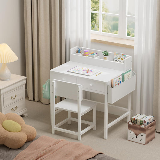 BOLUO White Kids Desk and Chair Set for 5-8 Year Old, Small Child Desk with Fabric Drawer, Children Study Table with Storage Toddler Girls Boys