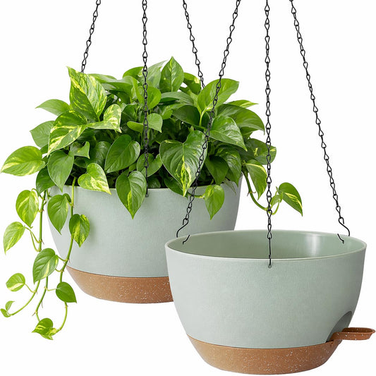 TYMENSH Hanging Plant Pots 12 inch Set of 2, Self Watering Hanging Planters with Drainage Holes, Indoor Outdoor Plastic Flower Pots with Hanging Chains for Balcony, Porch, Garden, Home Décor, Green