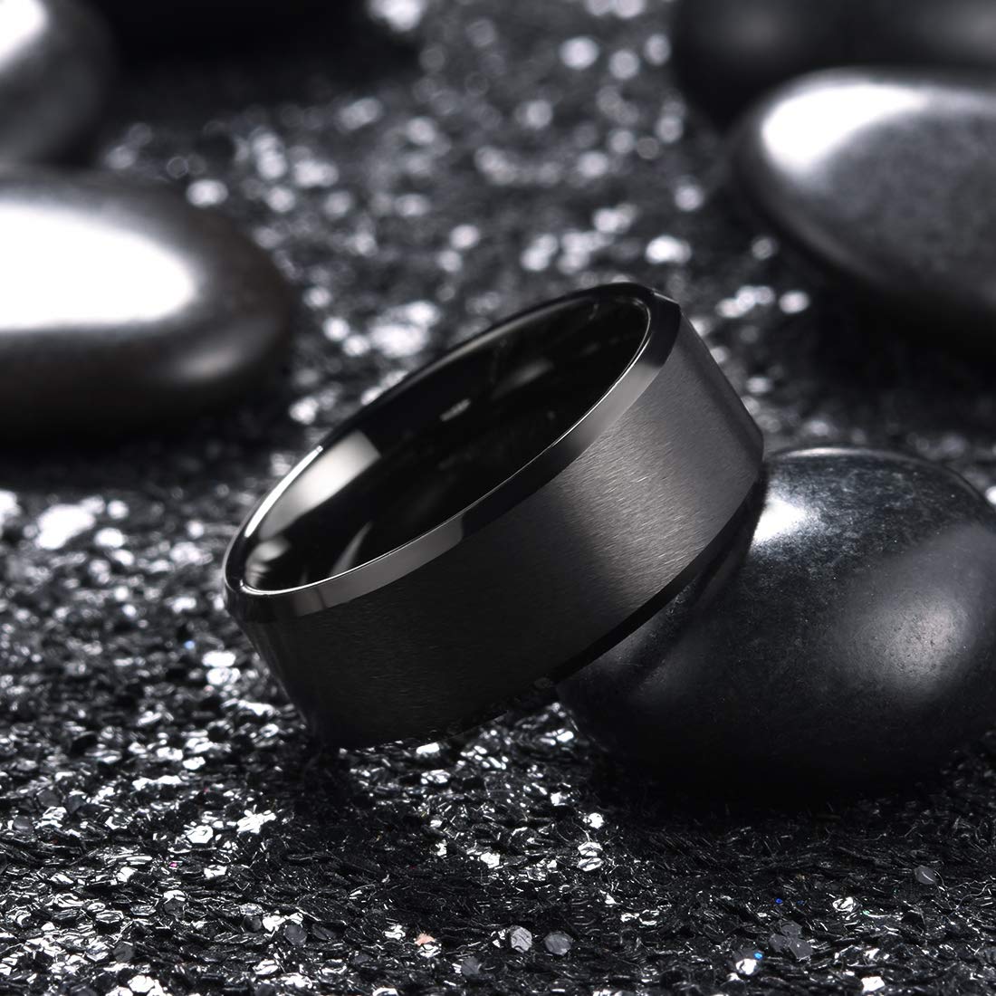 King Will 9mm Men's Black Wedding Ring - Brushed Matte Surface, Beveled Polished Edge, Comfort Fit Size 7