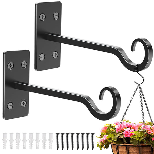 HOBITSTARX Heavy Duty Plant Hangers Outdoor- Hand-Forged Hanging Plant Brackets - 2 Pack 12 Inch Black Wrought Iron Wall Plant Hooks for Hanging Plants, Lanterns, Bird Feeders