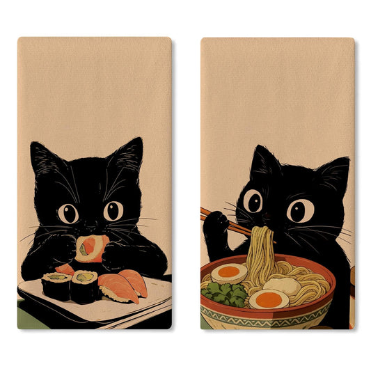 Croar Funny Black Cat Kitchen Dish Towels Set of 2, Japanese Food Sushi Ramen Noodles Drying Hand Towel Baking Cooking Cloth, Restaurant Dinning Room Home Decor Pet Cat Owner Lover Gifts 18'' x 26''