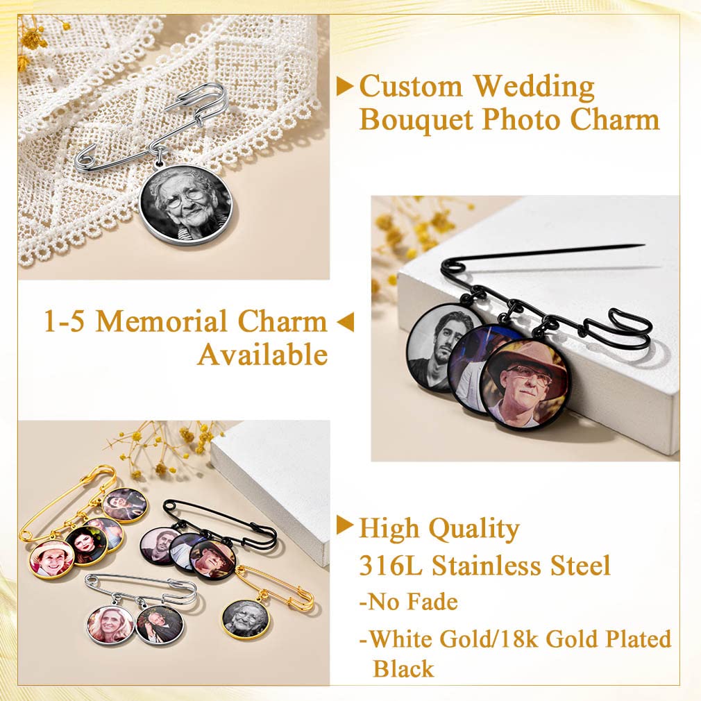 Custom4U Bridal Bouquet Photo Charms Customized Memory Round Charm for Wedding Funeral Boutonniere Pictures Brooch Pins