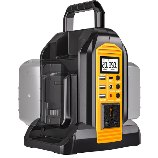 DTEZTECH 350W Power Inverter for Dewalt 20V/60V Batteries, Dual Battery DC 20V to AC 110-120V Pure Sine Wave with 3 USB Ports & LED Work Light, Portable Camping & Emergency Power Station (Tool Only)