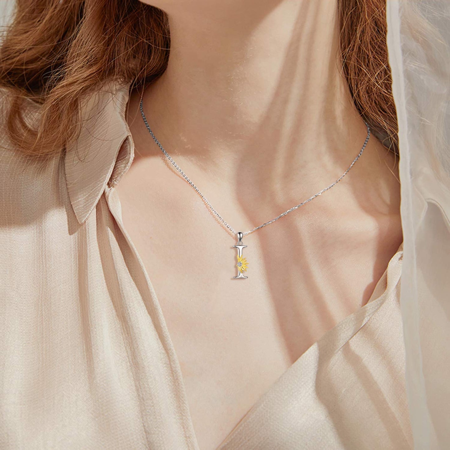 POPLYKE Sterling Silver Initial Alphabet Letter Script Name Pendant Chain Necklace for Women for (Sunflower I)