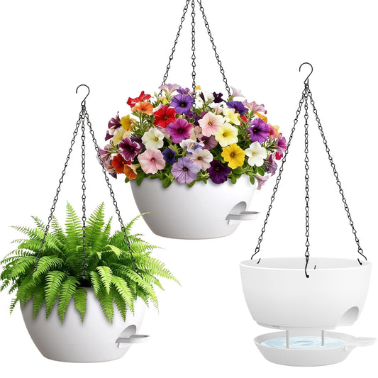 UOUZ Set of 3-10 Inch Self Watering Hanging Planters for Indoor Outdoor，Hanging Plant Pots with Drainage & Removable Tray, Hanging Pots for Pothos Plant, Spider Plants, Ferns, Balcony & Patio, White