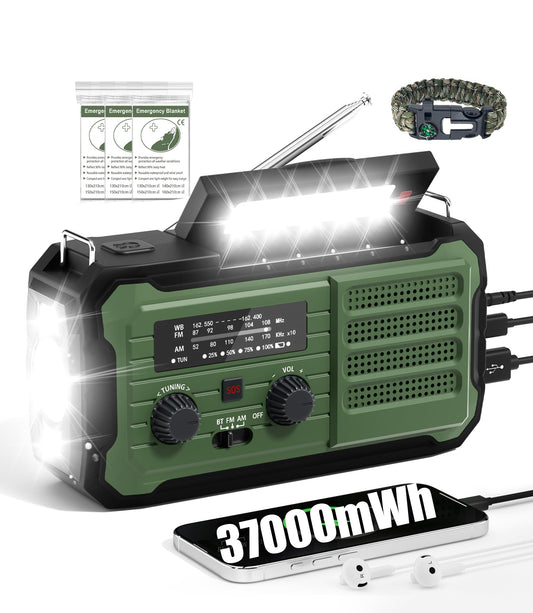 Emergency Radio Hand Crank Solar, 10000mAh/37000mWh Emergency Weather Radio, Hand Crank Solar Radios with NOAA/AM/FM, Thermal Blanket, Survival Bracelet, for Home & Outdoor
