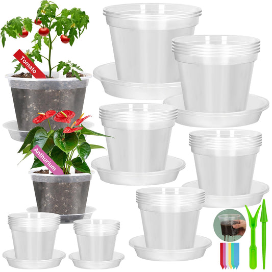 30Pcs Clear Plastic Nursery Pots with Drainage Holes and Saucers, 2.8/3.1/3.5/3.9/5.1/5.9/7.1Inch Seedling Starter Pots with Tool for Indoor Outdoor Gardening Flower, Herb, Succulent Transplanting