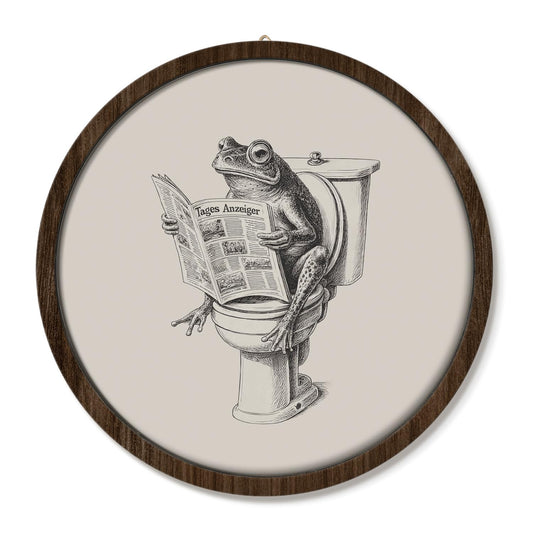 VONTP Funny Bathroom Frog Round Wall Art Decor, Retro Frog on Toilet Reading Newspaper, Unique Cute Animal black and white for Bathroom Washroom Restroom Decor, 10x10 Inch