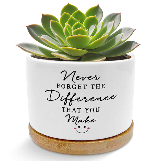 EVIHCG Thank You Gifts for Coworker Teacher Nurse Mentor Planter Pots, Never Forget the Difference You Make Ceramic Succulent Plant Flower Planters for Home Office Desk Table Shelf(No Plants)