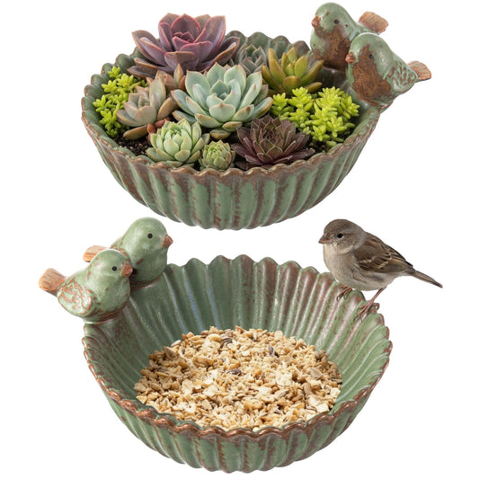 Yiyiring 2 Pack 6.3 Inch Birds Special Design Fun Garden Flower Ceramic Planter Birds Feeder Succulent Pot Flowerpot or Feeder Bird Food Holder for Garden Outside Decor for Outdoor Gifts