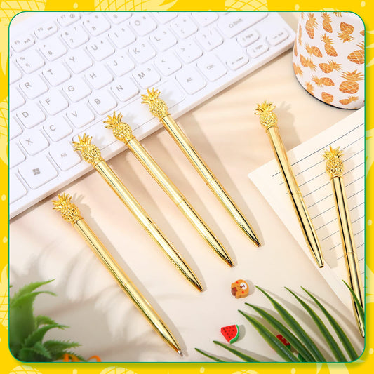 BBTO Pineapple Pen Holder with 6 Pcs Pineapple Shaped Pens Gifts Ballpoint Black 0.5mm Gel Ink Pen for Pencil Cups for Women Girls Desk Organizer Makeup Brush Holder Classroom Offices Home(Gold)