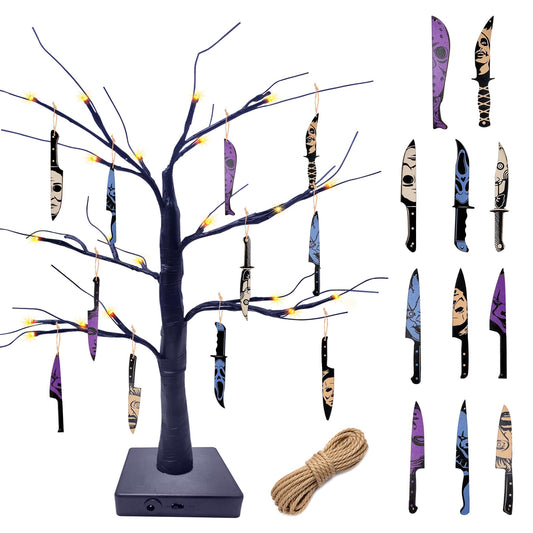 BIGSPINACH Black Tabletop Halloween Tree with Horror Movie Hanging Ornament 11 Pcs Mini Wooden Knife Decorations,Nightmare Before Christmas Decorations for Spooky Indoor Decor or Shelf Decor