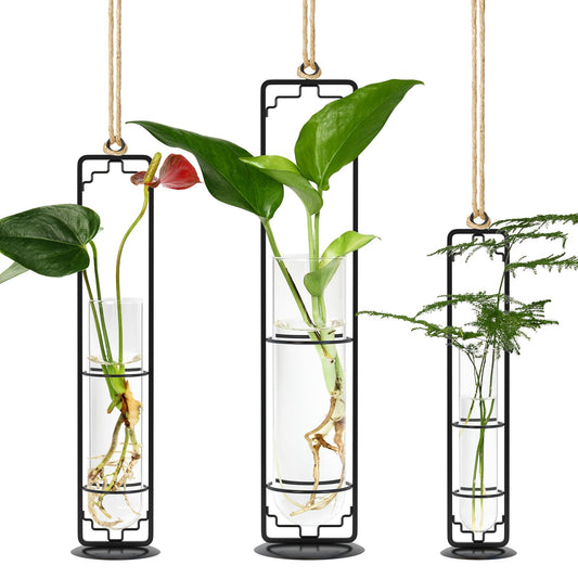 MIPON Metal Hanging Plant Propagation Station,3 Size Glass Test Tube Hydroponic Planter,Boho Wall Hanging Plant Cuttings Holder,Indoor Water Plant Terrarium Tubes for Home Office Window Decor-Black