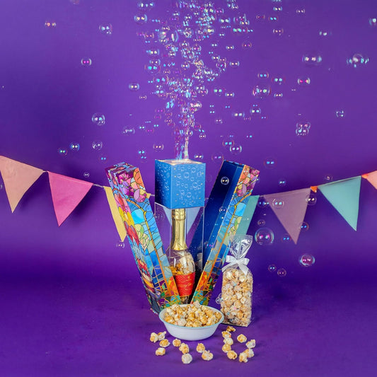 Birthday Bubble Box with Caramel White Chocolate Popcorn by Send A Cake, Ready to Gift, No Assembly Required - Happy Birthday Surprise - Unique Gift for Women, Men, Adult, Kids