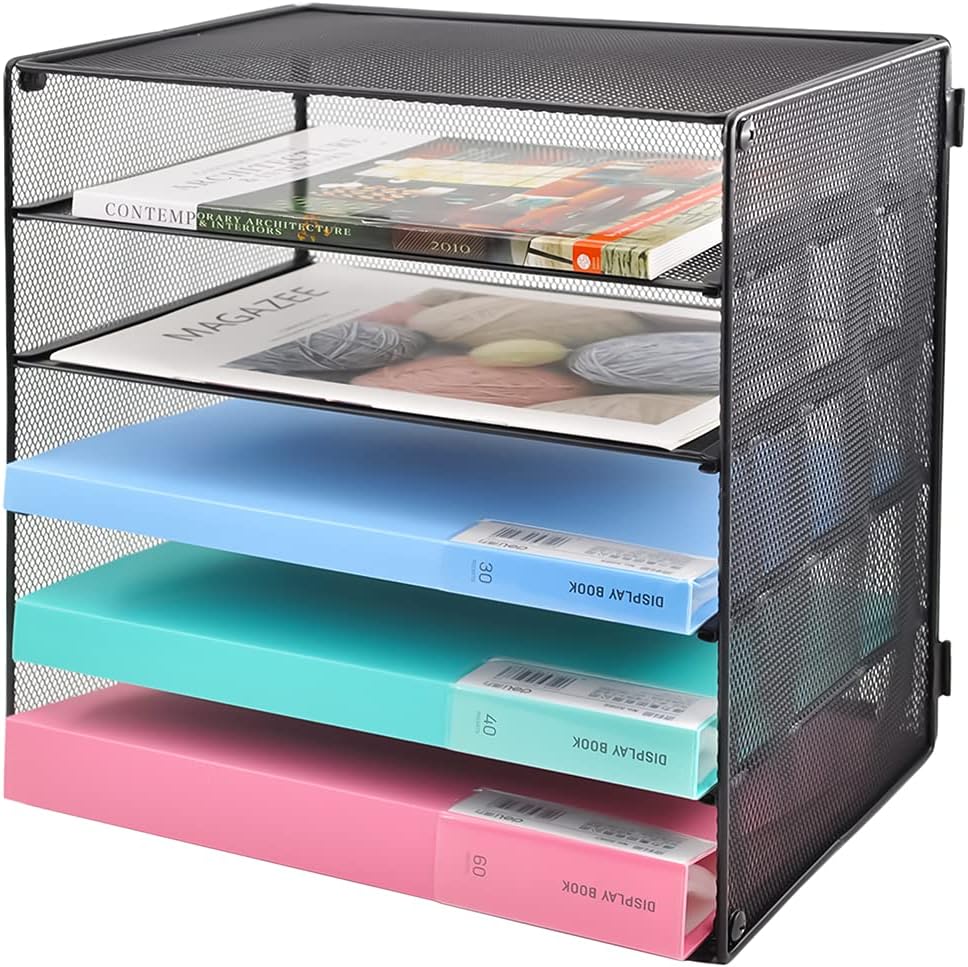 COSYAWN 3 Tier Mesh Desk Paper Tray Organizer, File Organization for Letter Document, Desktop Mail Storage Holder for Office Home School, Black, 2 Pack