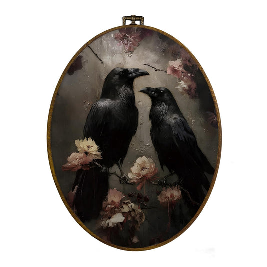 dvhdajed Dark Witchy Black Crow Oval Wall Art Decor, Moody Romantic Raven Couple Framed Canvas Art, Gothic Academia Black Crow Wall Hanging Decor for Gallery Bathroom Living Room, 8.7x11.3