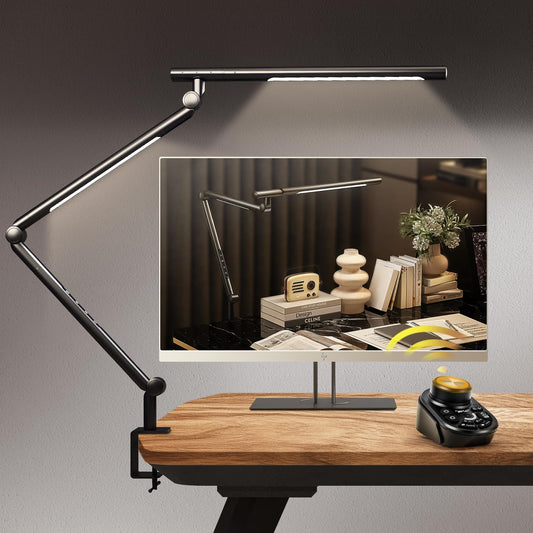 SANDROY VOLT Adjustable LED Desk Lamp Modern Black - Clamp Mount Office Table Light with Desktop Remote Control, Adjustable Brightness & Color Temperature, 5 Lighting Modes for Reading, Computer, DIY