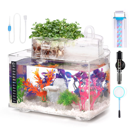 Betta Fish Tank Kit, 2.5 Gallon Aquarium Self-Cleaning with LED Light, Filter, Heater, Decorations and Accessories - Ideal for Hydroponic Growing System and Aquaponics