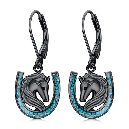 YYmqmq Black Horse Earrings for Women 925 Sterling Silver Turquoise Horseshoe Dangle Earrings Leverback Western Jewelry Horse Gifts for Women Girlfriend Lovers