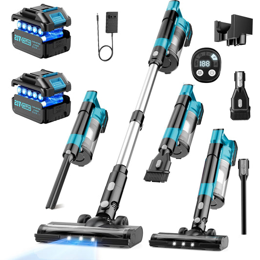 Cordless Vacuum Cleaners for Home with 2*Battery 8000mAh, Brushless Rechargeable Stick Vacuum with 3 Mode, 6 In 1 Portable Handheld Cordless Vacuum for Pet Hair /Hardwood Floor/Dorm/Carpet (Blue)