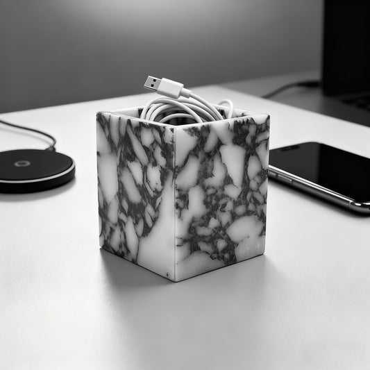 Artisanal Abode Marble Pen Holder, White Stone Rectangular Desktop Organizer, Office Study Makeup Brush Storage, Home Desk Decor, Minimalist Design, Durable Marble Accessory