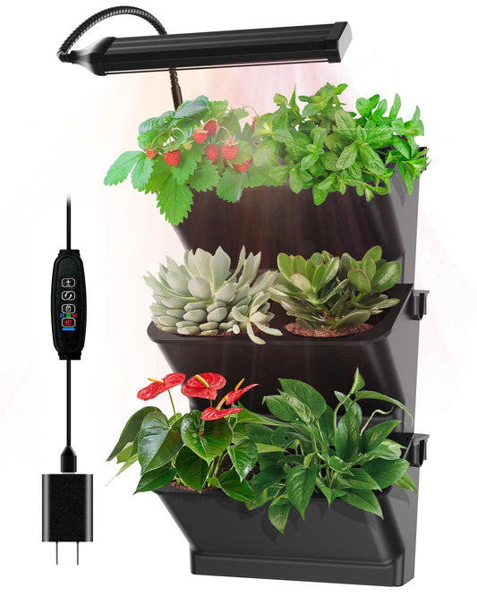 DPROOTS Wall Planters for Indoor Plants with Grow Light & Self Watering System, 6-Pot Vertical Garden for Herbs, Vegetables, Flowers, Succulents, Includes Screws & Expansion Pipes