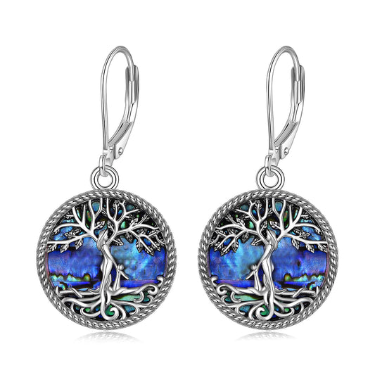 ONEFINITY Tree of Life Earrings 925 Sterling Silver Leverback Tree of Life Abalone Shell Dangle Drop Earrings for Women Jewelry Gifts