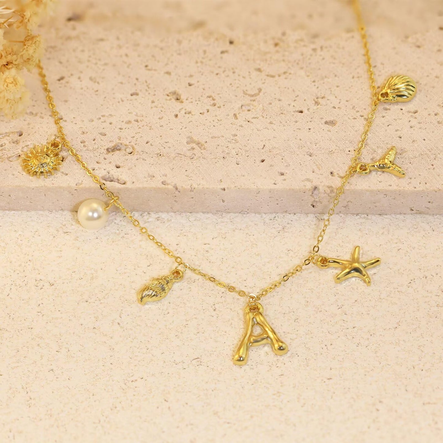 JALZEMPL Initial Charm Necklace For Women Shell Seashell Summer Beach Letter 14K Gold Plated Pendant Starfish Surfer Boho Jewelry Gifts (Q)