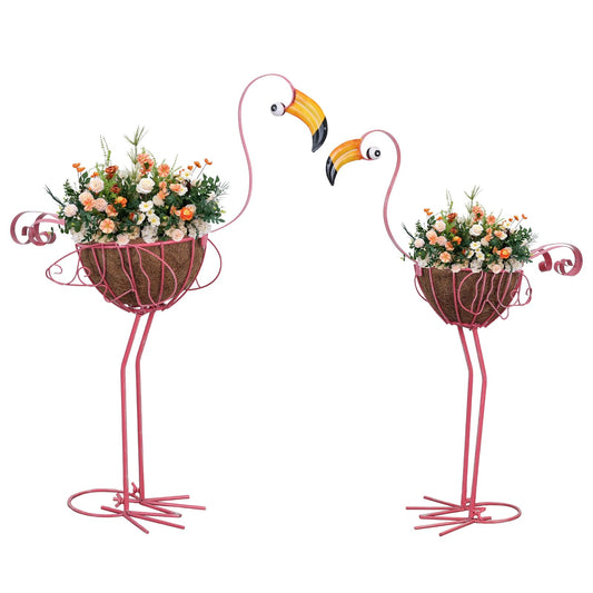 hogardeck Garden Decor for Outside, Set of 2 Pink Flamingo Planters with Basket, Metal Standing Flamingo Plant Pots Yard Art for Home Indoor Outdoor Garden Porch Lawn Patio Pool