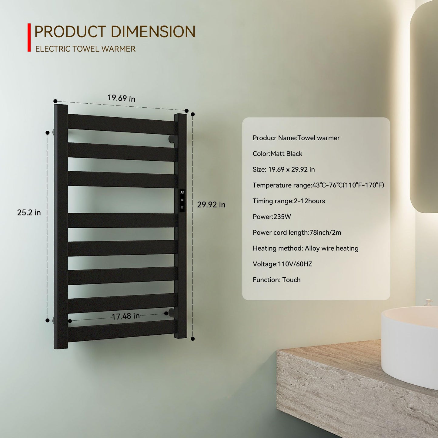 Sawlece Towel Warmers for Bathroom,Space Aluminum Wall Mounted Towel Warmer Rack, Heated Towel Rack for Bathroom,8 Bars Electric Towel Heater with Built-in Timer,Plug-in,Matte Black