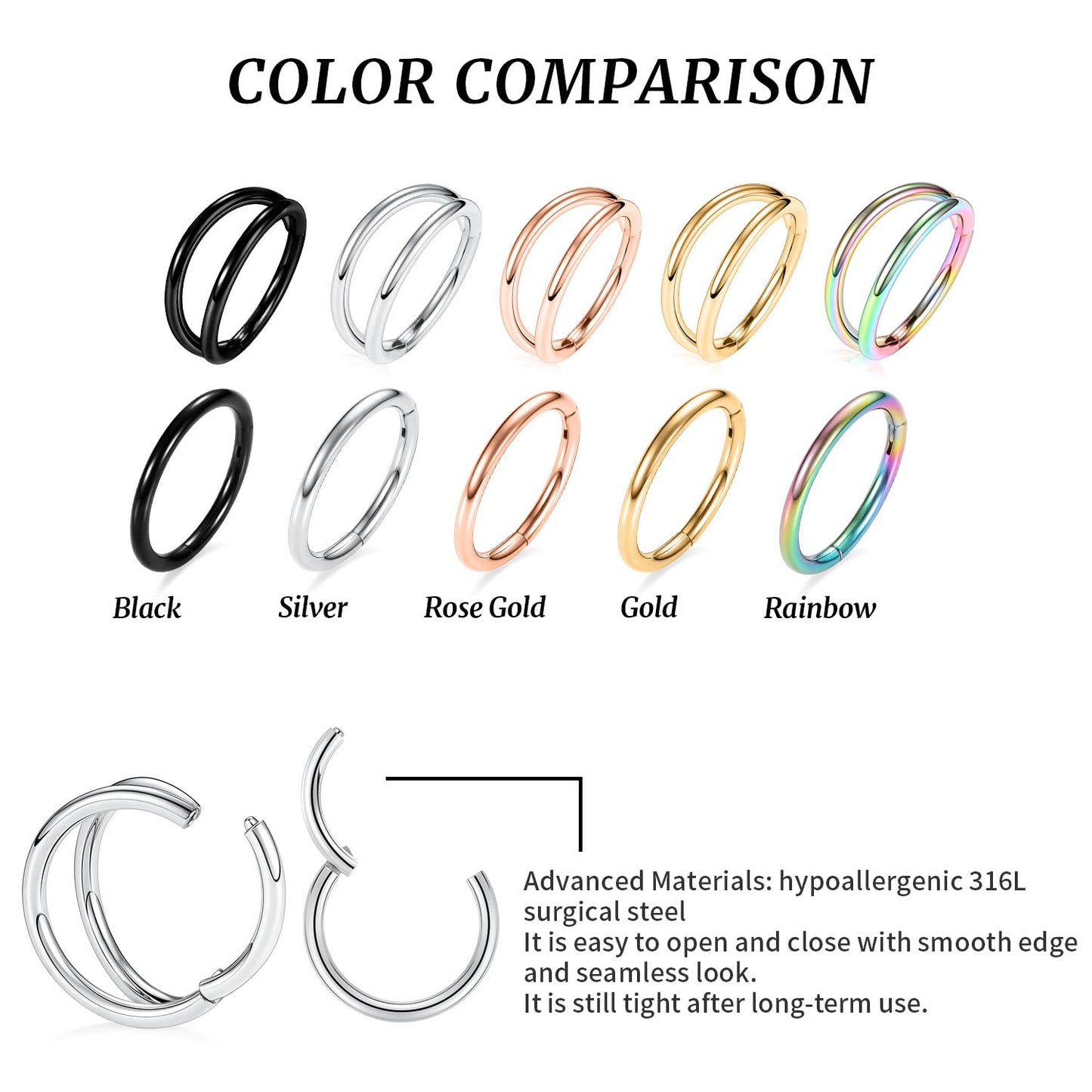 Nose Rings 14 Gauge Hoop Earrings For Women 14g Nose Hoop Rose Gold Septum Jewelry Surgical Steel Septum Ring Double Hoop Septum Clicker Lip Rings Helix Earring Conch Piercing Cartilage Earring 12mm
