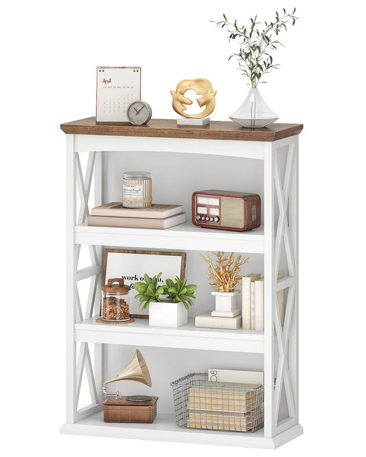CHOEZON 4-Tier Bookcase, 42.9" Floor Standing Organizer Shelf, Corner Book Stand, Metal Frame, for Study, Bedroom, Living Room, White and Walnut TSJ01WL