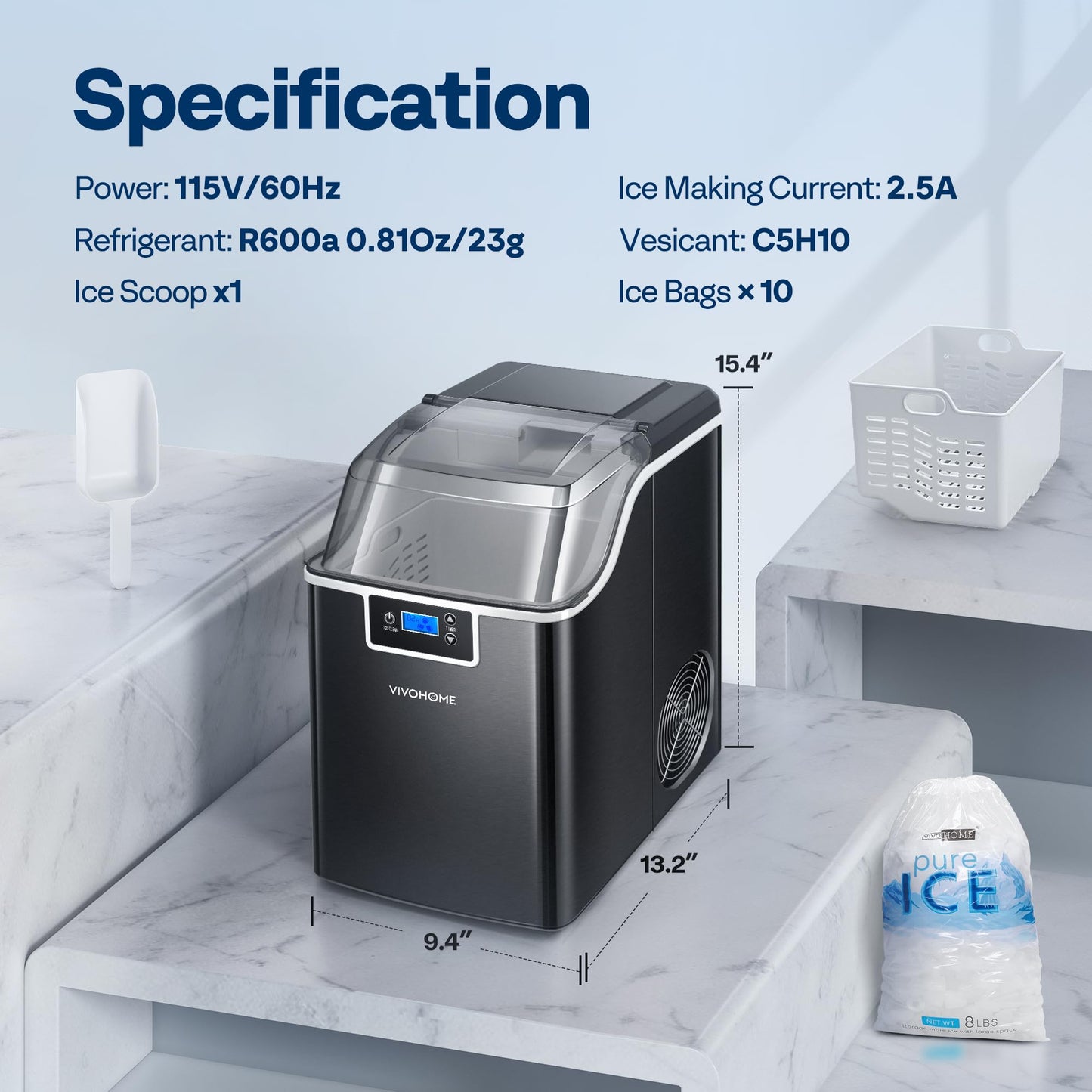 VIVOHOME Nugget Ice Maker Countertop, Portable Pebble Ice Maker Machine with 44lbs/Day, Soft Chewable Pellet Ice Machine with Self-Cleaning, Scoop, 10 Ice Bags, for Home Kitchen, Party, RV, Camping