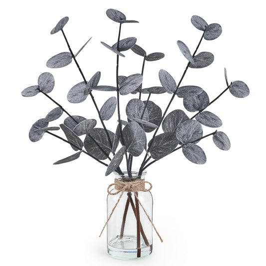 Artificial Eucalyptus Stems in Glass Vase with Faux Water Halloween Decor, 14” Fake Plants for Home Decor Table Centerpieces Office Bathroom Faux Plants Indoor Black Decorations