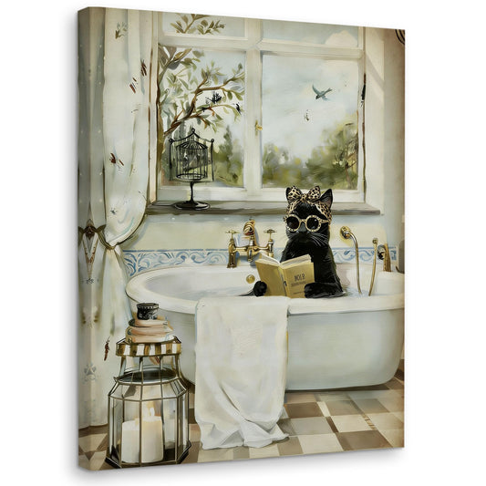 WODMIS Funny Black Cat Reading Bathroom Wall Decorations Framed Canvas Art, Black Cat Gifts, Whimsical Kitten Reading in Bathtub Decor Canvas Home Decorations for Bathroom Washroom Wall Decor 11x14