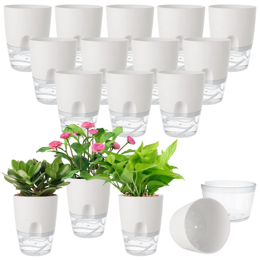 JMIATRY 15PCS Self Watering Pots 4 Inch Self Watering Planters for Indoor Plants Plastic 4 Inch Self Waterings Pots for Indoor Plant Small Self Waterings Pot with Transparent Water Reservoir, White