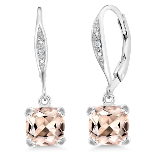 Gem Stone King Drop Dangle Earrings For Women | 7MM Cushion Cut Gemstone Birthstone and Diamond | 925 Sterling Silver | Jewelry Gift for Mom Wife Her | Morganite-October | Sterling Silver