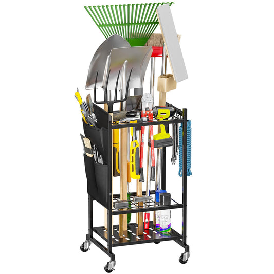 MWQ Garden Tool Organizer with Wheels, Rolling Yard Tool Tower Rack Carts for Garage Organization with Large Tool Bags with Pockets, Up to 35 Long-Handled Tools/Rakes/Brooms for Shed, Outdoor, Black