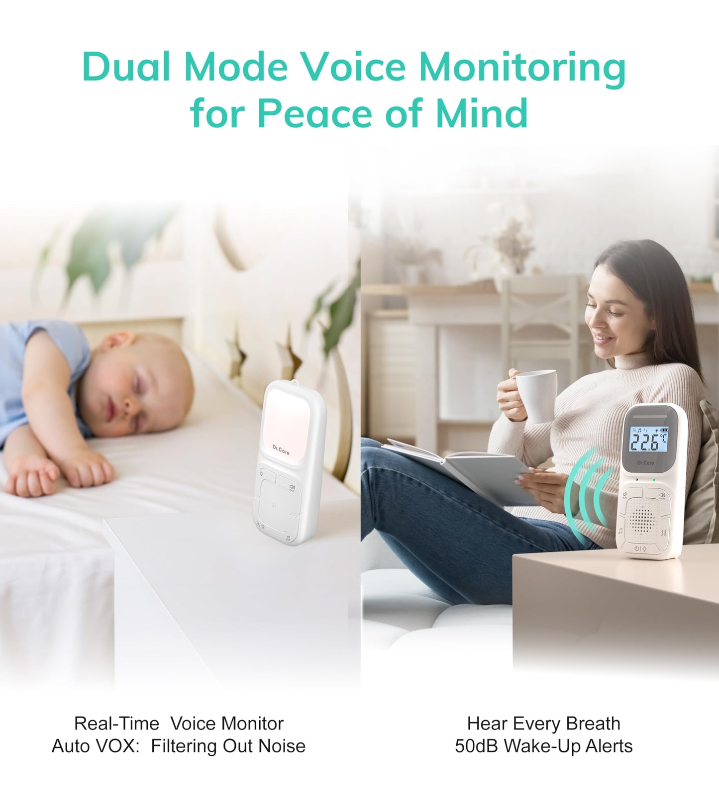 Dr.Care NeoGo Portable Baby Audio Monitor and Sound Machine | Baby Sleep Soother | Travel | Registry Gift with 1000ft Range, Two-Way Talk, VOX, Nightlight, 8 Lullabies, and Vibrating Sound Alert
