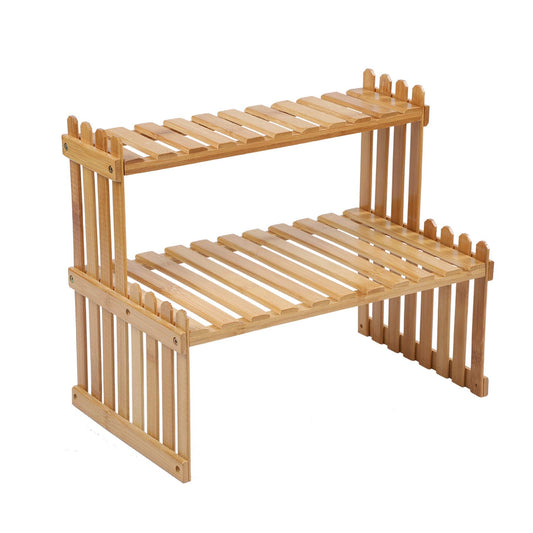 GURECOD 14.6"/18.5" 2 Tiers Bamboo Plant Stand Shelf,Desk Flower Pot Holder,Adjustable Desktop Shelf Display Organizer Ladder Rack for Office Decorate Storage Rack,Kitchen Rack (14.6" Length)