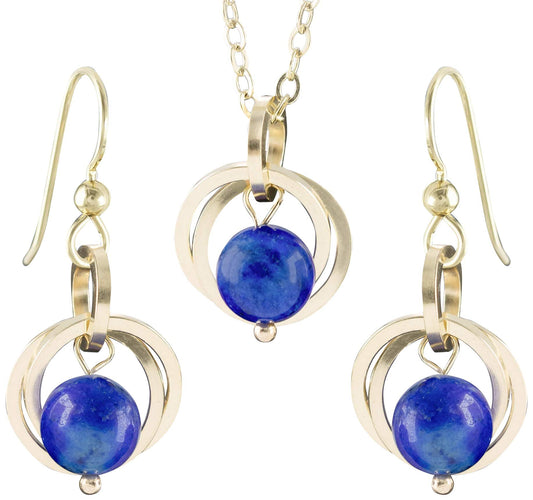 Tahmi Blue Lapis Lazuli Real Gemstone 14K Gold-Filled Pendant Necklace and Dangle Earrings Jewelry Gift Set for Women - 18 Inches - Artisan Detail Edition