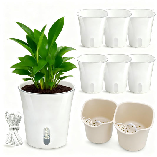 8 Pack 4" Mini Self Watering Pots for Indoor Plants, Small Clear Plastic Planters, Plant Watering Cups with Level Indicator Vents & Drainage Holes, Wick, for Seedlings, Cuttings, Herbs (8, 4 Inch)