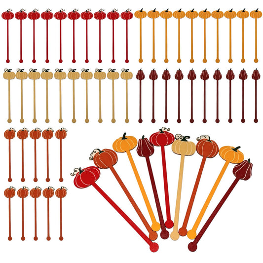 50 Pcs Pumpkin Drink Stirrers Bulk, 5.91 Inch Wooden Halloween Cocktail Picks with 5 Unique Autumn Orange Designs, Fall Party Supplies for Coffee, Beverages, Halloween Decor