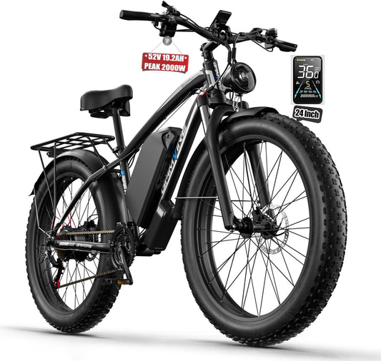(24" V7 White) 52V 19.2Ah Battery Electric Bike for Adults, 1500W Peak 2000W EBike Up to 36 MPH and 70 Miles, Hydraulic Disc Brake, 21-Speed Off Road Snow Mountain Pedal Assist Fat Tire Fast E-Bike