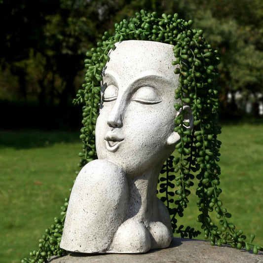 FIMOFIDRE Face Head Planter Pots for Indoor Outdoor Plants Large Flower Pots Unique Succulent Planter with Drainage Hole Creative Lady Pot Resin Women Statue Vase Garden Decor- 11.4 x 8.7 x 5.5 Inch
