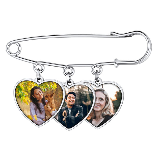 Custom4U Memory Charms for Wedding Bouquet Customized with 3 Pictures Custom Photo Brooch Pins Funeral Boutonniere Heart Shaped Charm Memorial Jewelry