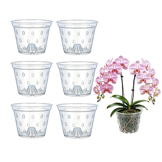Gyfofix 6 Pack 5.9 Inch Clear Plastic Orchid Pots with Drainage Holes, Transparent Breathable Planters for Root Observation, Indoor Outdoor Orchid Cultivation