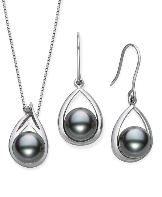 Belacqua Tahitian Black Pearl Diamond Pendant and Drop Dangle Earring Set in Sterling Silver, 18"