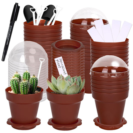 JarThenaAMCS 50 Set Cupcake Plant Nursery Pots with Humidity Dome Small Flower Pot Brown Plastic Gardening Container Cups with Saucers Shovel Plant Labels for Earth Day Seedling Plants Display