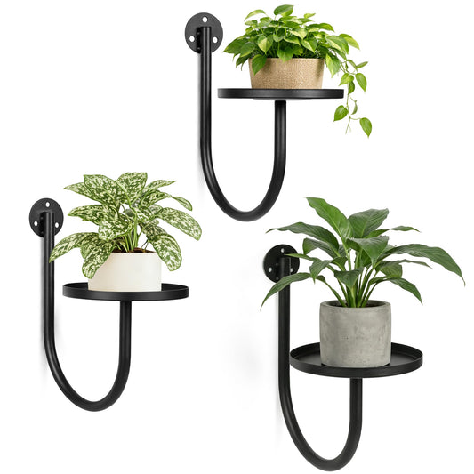 SUNCKET Wall Plant Holders for Indoor Plants, 3 Pack Metal Wall Mounted Plant Shelves，Modern Window Plant Hanger, Space Saving Hanging Planters for Living Room Bedroom Kitchen Bathroom Office Decor, Black